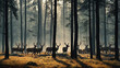 © isah - natural background with forest silhouette with herd of deer