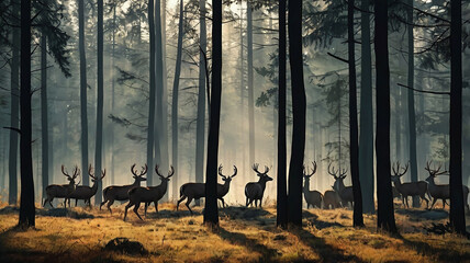 natural background with forest silhouette with herd of deer