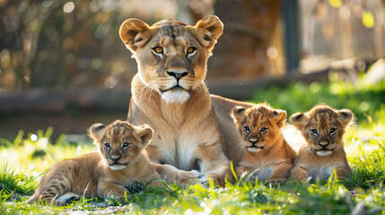 Wall Mural - Lion Lay on Grass with Kittens (Lioness, Female) 