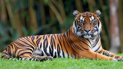 Wall Mural - Malayan Tiger Lay on Grass in Zoo