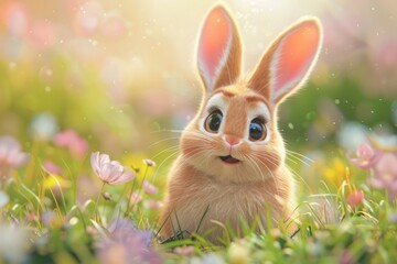 Wall Mural - Cute fluffy cartoon rabbit with big eyes