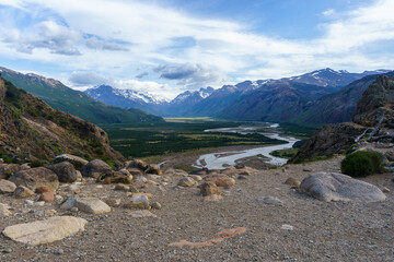 View of the Rio Blanco and surrounding mountains on the way to Fitz Roy - El Chalten.