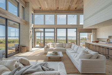 Wall Mural - Modern minimalist study in a coastal retreat, featuring clean lines, natural materials, light airy palette, bathed in warm afternoon sunlight, with seamless integration with the outdoors.