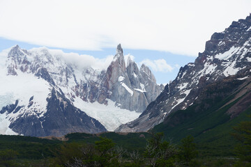 View of Cerro Torre with snow and snow drifts around it, El Chalten - Argentina