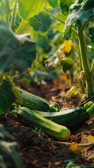 Wall Mural - On a flourishing plantation, zucchinis grow abundantly, their fresh, green forms standing out against the rich soil and verdant leaves