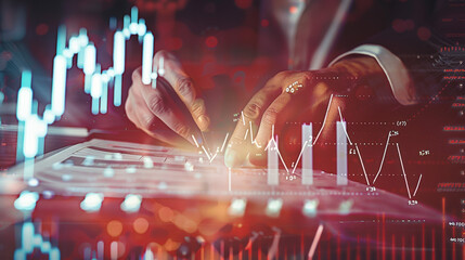Poster - businessperson analyzing financial data on a tablet, with overlaid graphs and charts illustrating ma