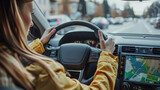 A woman uses a car navigation system to find out where she wants to go.