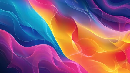 Wall Mural - A vibrant abstract composition featuring fluid, wavy patterns with bright and vivid colors including blue, pink, yellow, and orange.