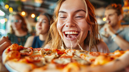 A young woman is enjoying a delicious pizza, taking big bites and savoring the cheesy goodness. Her friends watch as she digs into the savory slices, indulging in the ultimate junk food craving.