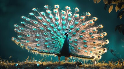 Wall Mural - A peacock with its feathers fanned out, standing on a grassy knoll under teal lighting, which highlights the iridescent shimmer of its tail feathers in the late afternoon sun.