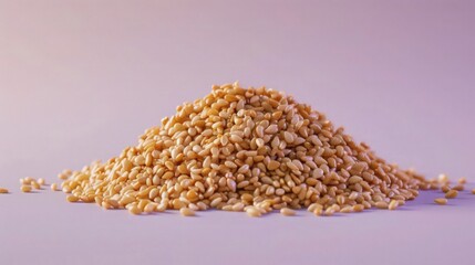 Wall Mural - A pile of lightly fried sesame seeds on a transparent background, illuminated by a soft lilac light that adds a subtle, fragrant quality to the image.