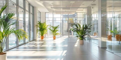 Wall Mural - Empty modern interior in minimalist style with transparent glass and doors and plants