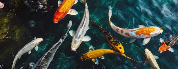 Wall Mural - Koi fishes swimming in a koi fishpond, scenic view, peaceful state, created with AI