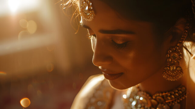 A young female of Indian ethnicity is wearing traditional bridal costumes and jewellery. Indian wedding 
