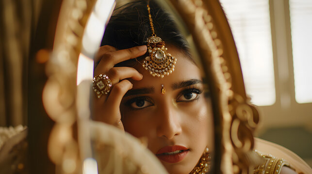 A young female of Indian ethnicity is wearing traditional bridal costumes and jewellery. Indian wedding 
