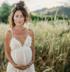 Pregnant woman in white dress standing in field.