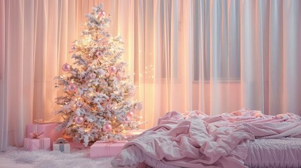 Wall Mural - A tranquil bedroom with soft pink curtains and a delicate Christmas tree with pink and white decorations, the gentle glow from the tree providing a peaceful, romantic ambiance throughout the room.