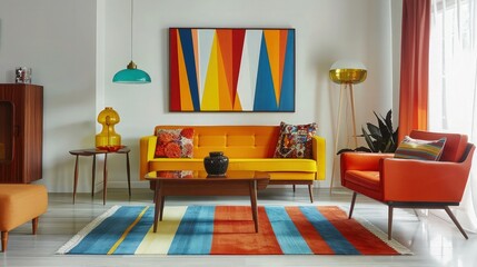 Wall Mural - A vibrant and bright living room with colorful mid-century modern furniture, abstract wall art, and a retro-inspired area rug, creating a playful yet sophisticated atmosphere.