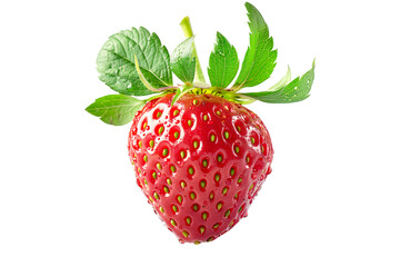 Canvas Print - A fresh and juicy strawberry with green leaves isolated on a white transparent background