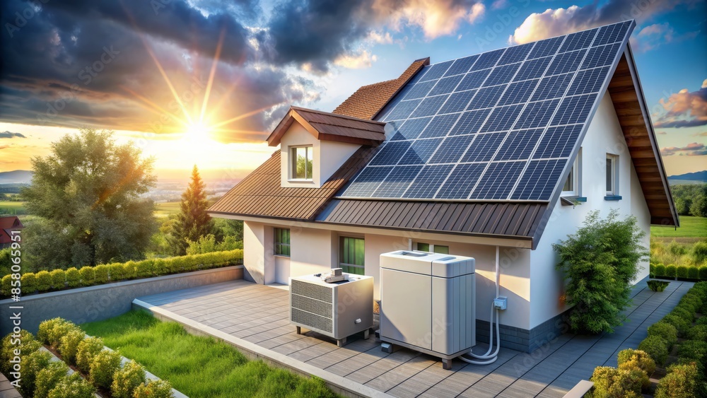 Solar panels on rooftop providing clean energy to smart home with ...