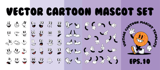 cartoon hands, legs and faces, mascot set: vector 1930's vintage style character parts collection. Cartoon mascot set. cartoon legs set