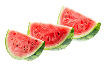 A closeup of fresh and juicy watermelon slices isolated on a clean white background