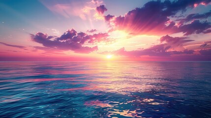 Blue sky with clouds reflected in the sea, Beautiful nature background,A Vivid Sunset Over the Ocean,A serene sunset over a tranquil sea, evoking peace
