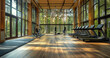 © visoot - A modern gym with lots of windows letting in natural light and wooden walls. The fitness centre contains a wide range of equipment, including treadmills and weight. Generative AI.