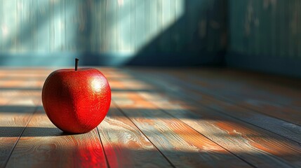 Sticker - A red apple sits on a wooden floor, with the sun shining on it