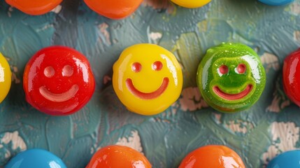 Wall Mural - A row of colorful candies with smiling faces on them