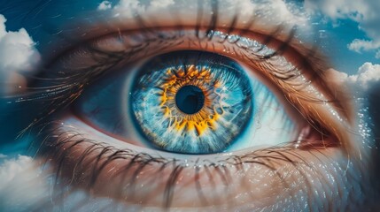Wall Mural - A close up of a person's eye with a blue iris and yellow pupil