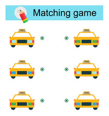 Wall Mural - Matching game for children. Task for the development of attention and logic. Vector illustration of cartoon taxi.