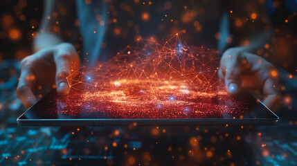 Poster - a person holding a tablet with a digital line dot on the screen, linked to a neural network-like structure of lines and dots to symbolize the convergence of data analysis and communication technology.