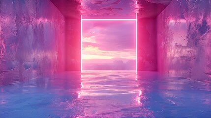 Wall Mural - A room with a pink wall and a neon light shining through a doorway