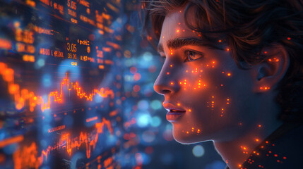Poster - Businessman with a serious expression looks  at a digital stock market display, the bright colors and intricate graphs of the data creating a visually striking backdrop.