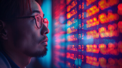 Poster - Businessman standing before a large, illuminated screen displaying dynamic stock market data,  highlighting his deep concentration on the fluctuating figures