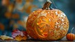 © Aliaksandra - intricately carved pumpkin art on table with detailed designs, highlighting pumpkin concept with space for text