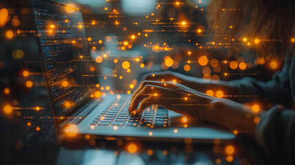 Poster - The close-up a person at a desk, using a laptop with displaying text, indicating they are engaged in a project that requires various digital tools and processes.