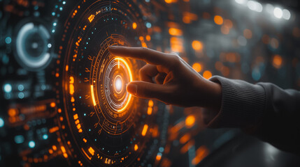 close-up image, a hand is using a virtual interface, touching various elements circle button hologram