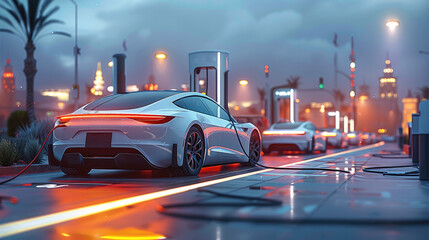 Poster - A modern charging station in the foreground, The charging station have a sleek and modern design, highlighting its functionality and efficiency. EV car. Generative AI.