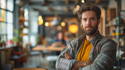 Poster - a business developer at an office standing looking to camera