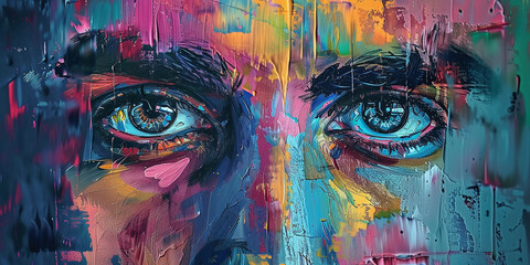 The man's eyes are depicted with paints on the khoslt. has a psychedelic, whimsical and abstract look. The concept of human mental health. Various design illustration