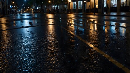 Wall Mural - A city street at night, where rain turns the pavement into a glittering sea of reflections ai_generated