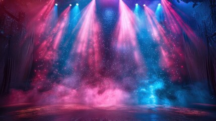 An empty stage lit by spotlights with stars and smoke
