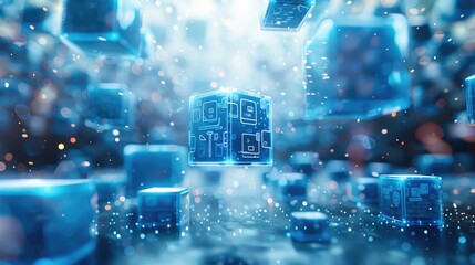 Fototapete - Blue and white background, light blue cubes with icons of different products floating in the air, digital technology style, 3D rendering. Generative AI.