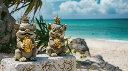 Wall Mural - Two Okinawa Shisa holding pineapple sit on white stone at white sand beach