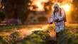 © svastix - A farmer wearing protective gear and a mask is spraying pesticides on a crop field at sunset, creating a hazy atmosphere as the sun sets in the background, illustrating agricultural practices.