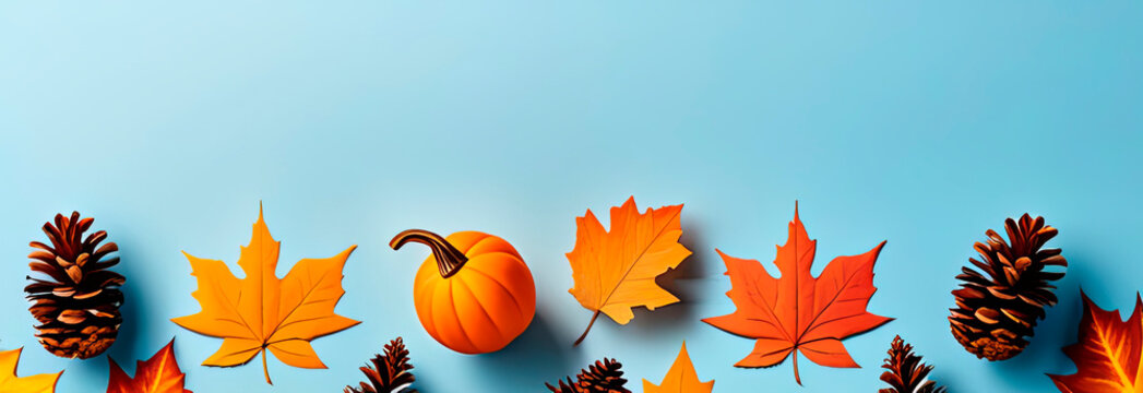 autumn leaves, pinecones, and acorns arranged in a border on a blue background, fall theme, ideal fo