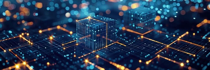 Poster - abstract digital network with glowing cubes