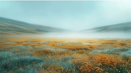 Wall Mural - Empty meadow scene with soft hues of blue and gold, gentle slopes. Generative AI.